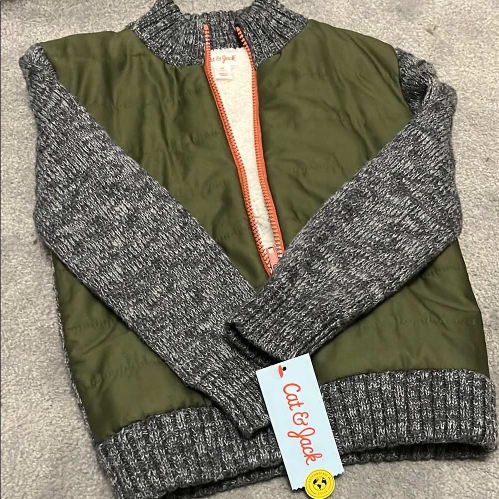 Cat and Jack Green and Gray Boys fleece lined Knit Jacket - Picture 4 of 5